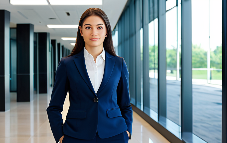 가장 안전한 암호화폐 거래소 추천 - Business Professional**
"A professional businesswoman in a modest, dark blue business suit, standin...