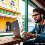 Home 18 암호화폐 지갑 보안 위협 유형 - A detailed digital illustration of a person sitting in a cozy Brazilian café using a laptop, cautiou...