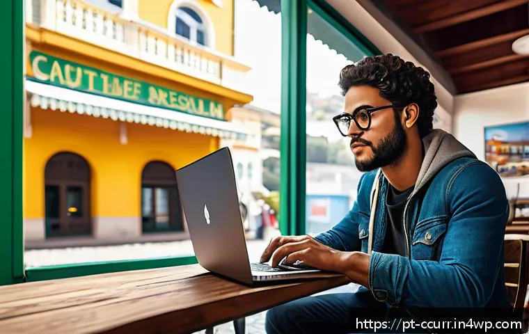 암호화폐 지갑 보안 위협 유형 - A detailed digital illustration of a person sitting in a cozy Brazilian café using a laptop, cautiou...